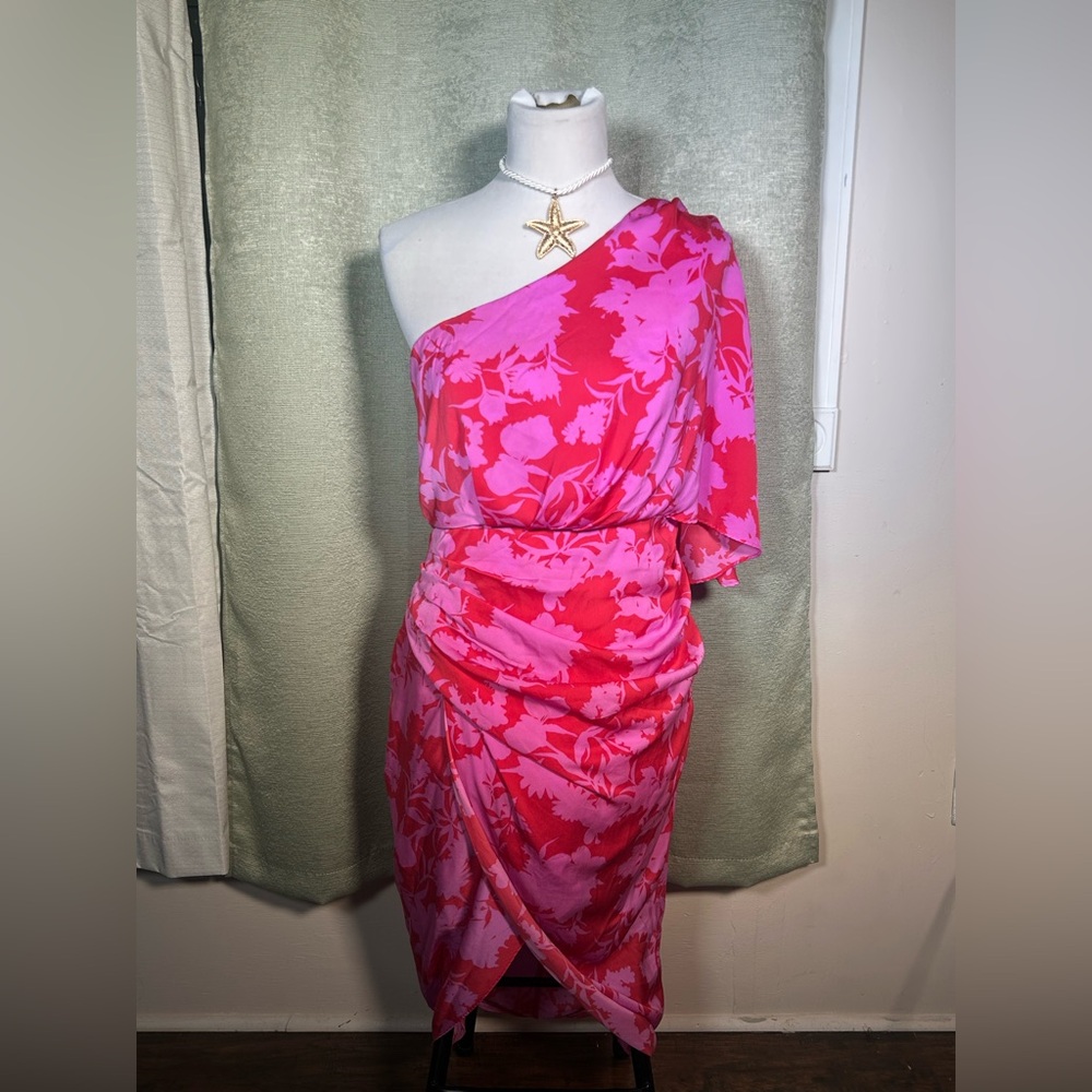 One-Shoulder Pink & Red Floral Women’s Dress